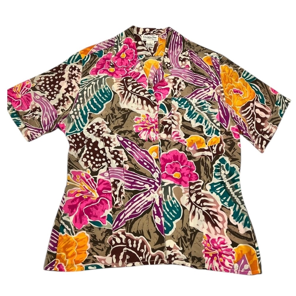 Christian Dior Floral Silk Button-Up Shirt Women's Size 4‎